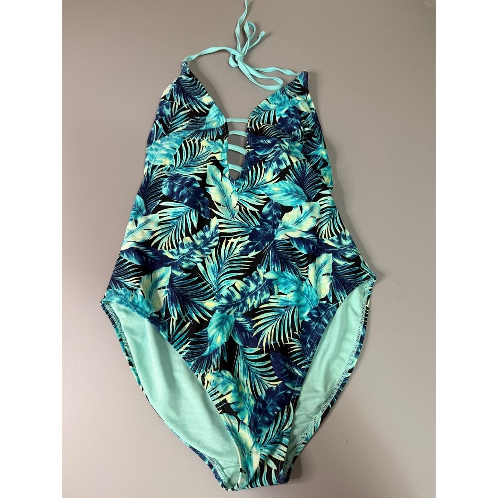 Ambrielle Womens Tropical Palm Leaf Halter One Piece Swimsuit Teal Blue Large